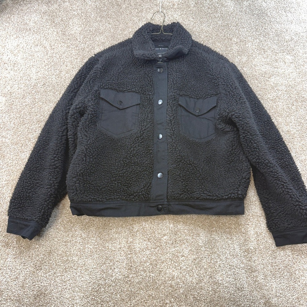 Lucky Brand Black Sherpa Trucker Jacket Women Small Snap Front Fleece Coat